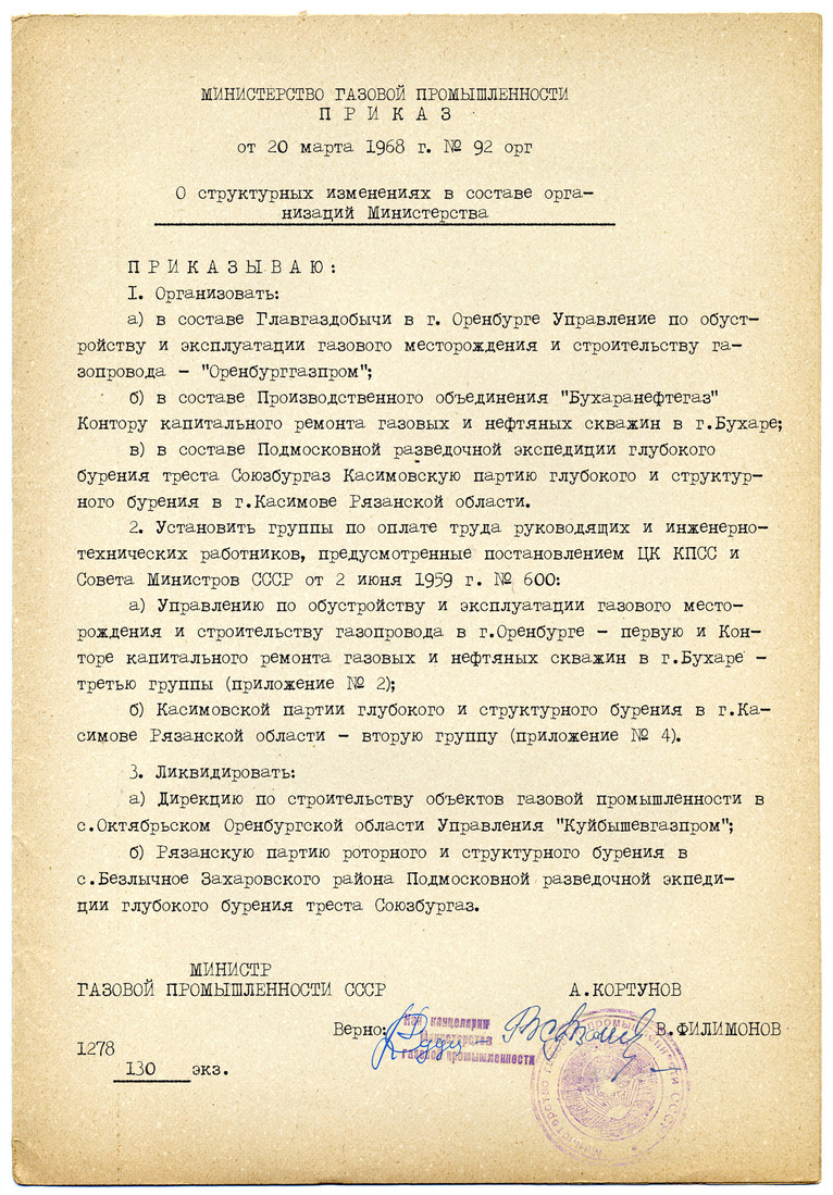 Приказ Министерства газовой промышленности СССР от 20 марта 1968 года